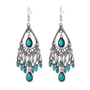 Boho 925 Silver Tibetan Turquoise & Jewel Dangle Earrings NIB